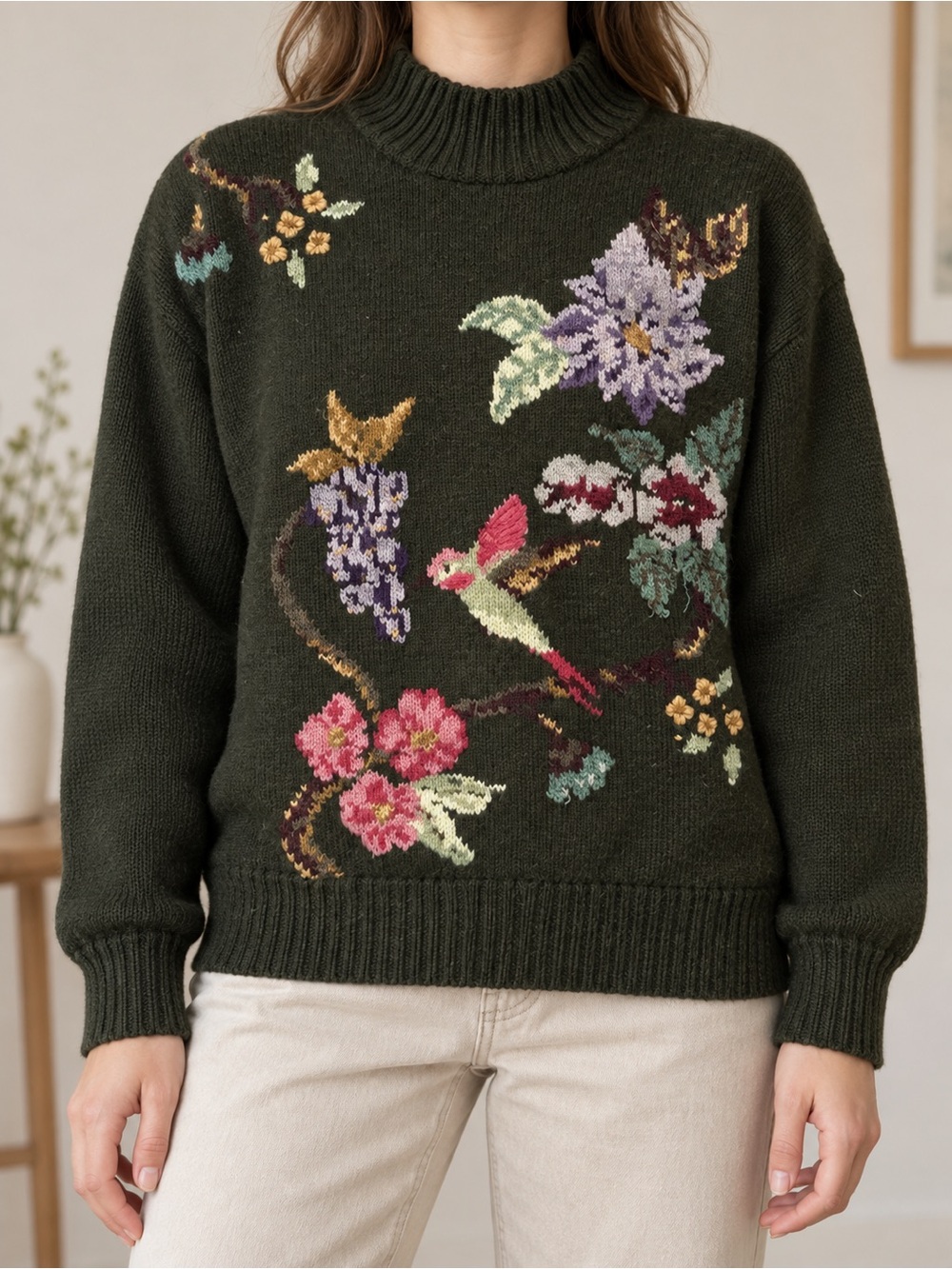 Vintage Herman Geist Floral Hummingbird Wool Sweater